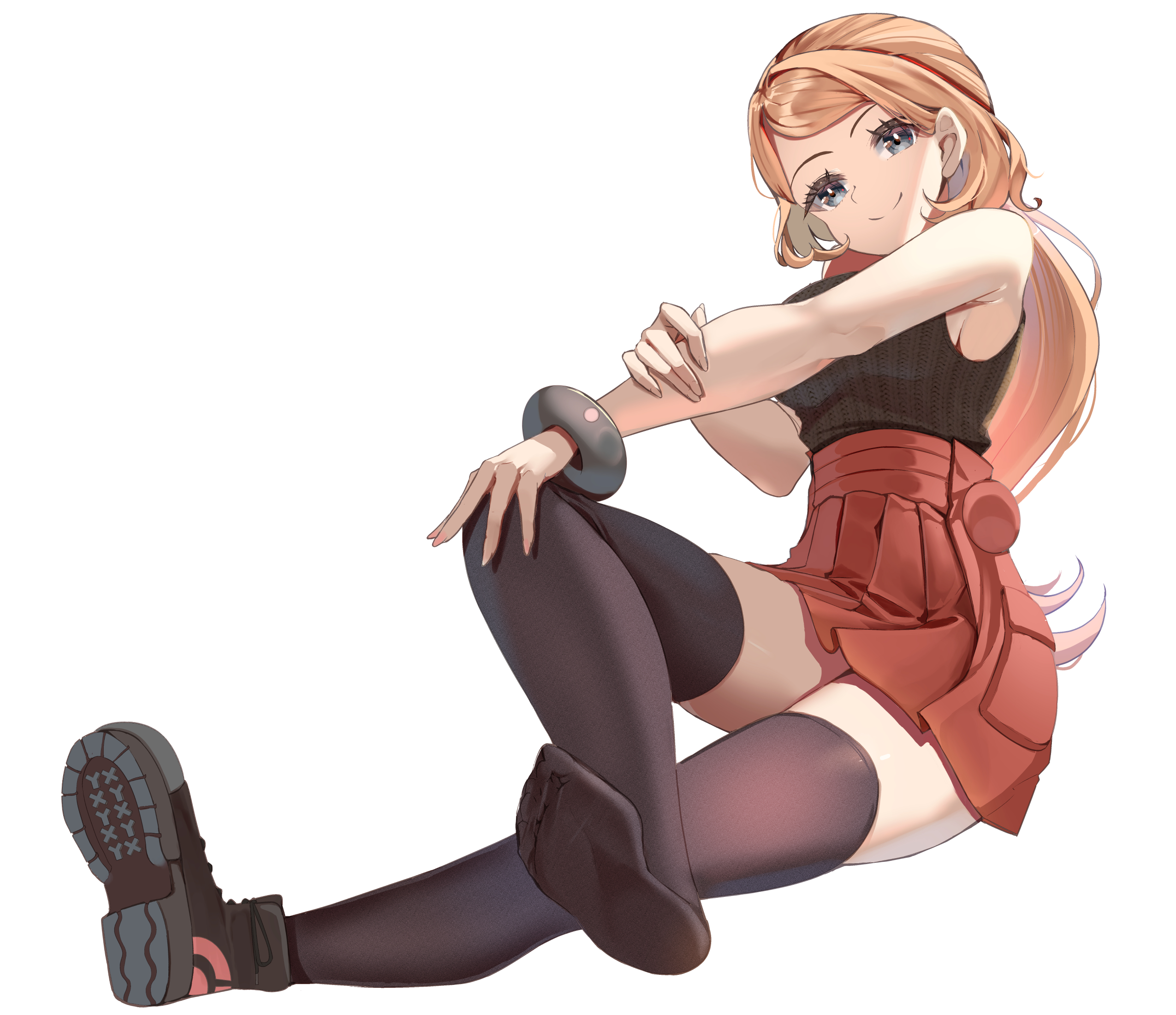 momdy (talesshinja), serena (pokemon), nintendo, pokemon, pokemon xy, highres, 1girl, black thighhighs, blonde hair, closed mouth, full body, grey eyes, hand on own knee, long hair, mega ring, miniskirt, no headwear, red skirt, shoes, simple background, single shoe, sitting, skirt, sleeveless, sleeveless sweater, smile, soles, solo, sweater, sweater tucked in, thighhighs, thighs, very long hair, white background, zettai ryouiki