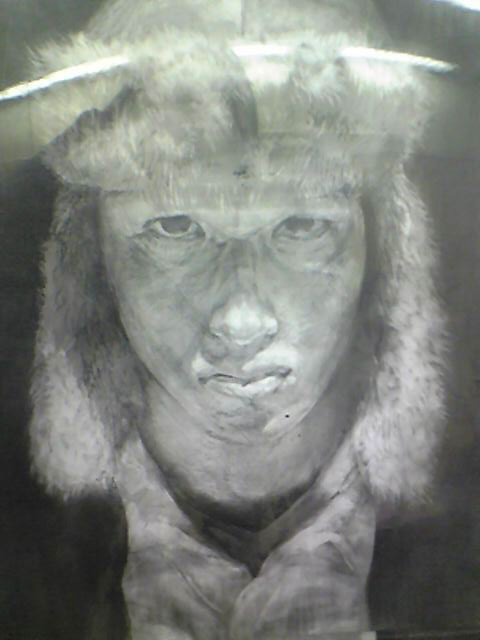 fujita (dorohedoro), dorohedoro, bad id, bad pixiv id, 1boy, expressionless, hat, male focus, monochrome, portrait, realistic, solo