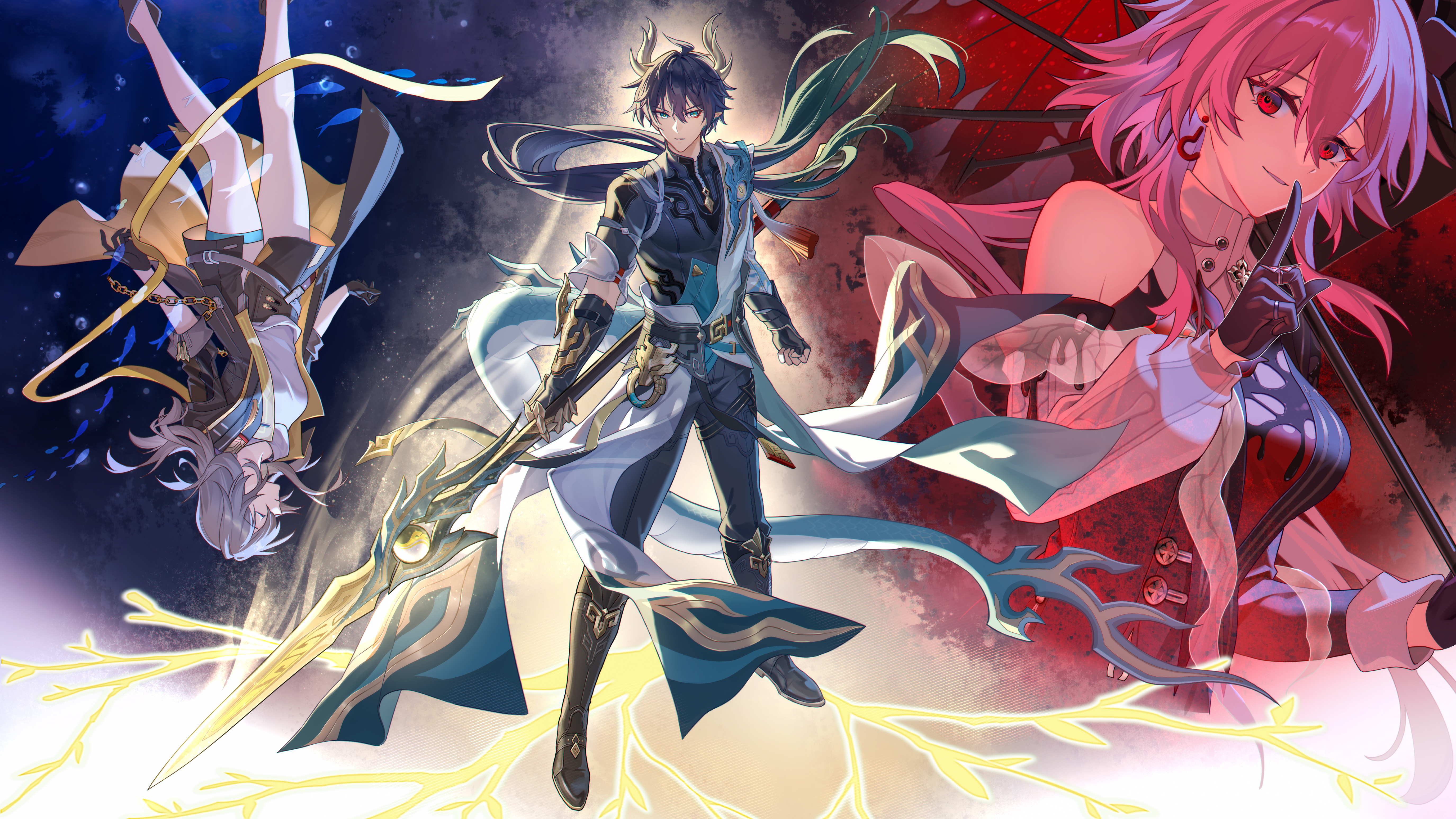 5plus, dan heng (honkai: star rail), dan heng (permansor terrae) (honkai: star rail), evernight (honkai: star rail), march 7th (honkai: star rail), stelle (honkai: star rail), trailblazer (honkai: star rail), honkai: star rail, honkai (series), absurdres, commentary request, highres, 1boy, 2girls, black gloves, black hair, black jacket, black shirt, black skirt, breasts, closed eyes, closed mouth, dragon boy, dragon horns, dragon tail, earrings, finger to mouth, floating hair, gloves, grey hair, hair between eyes, holding, holding polearm, holding umbrella, holding weapon, horns, index finger raised, jacket, jewelry, long hair, looking at viewer, medium breasts, multiple girls, pink hair, pointy ears, polearm, red eyes, shirt, short hair, shushing, single bare shoulder, skirt, spear, tail, thigh strap, umbrella, upside-down, very long hair, weapon, white shirt, yellow horns
