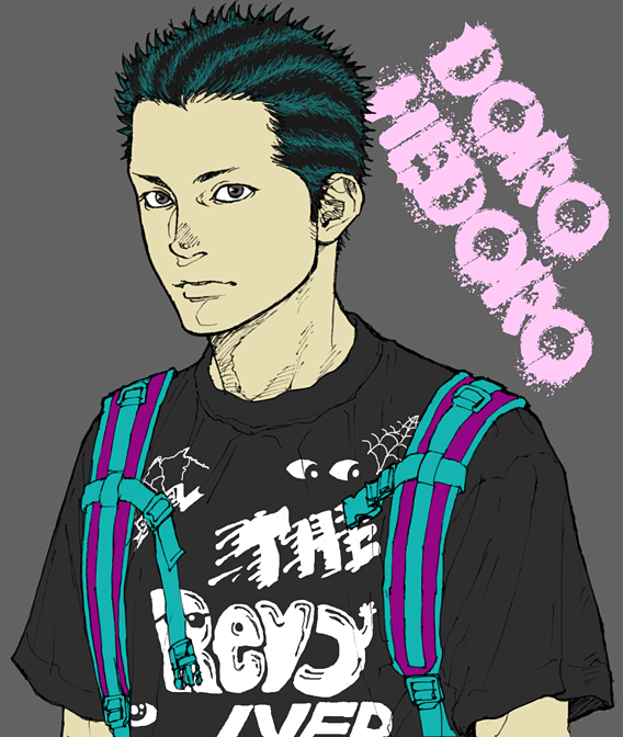 claptrack, fujita (dorohedoro), dorohedoro, bad id, bad pixiv id, 1boy, black hair, copyright name, expressionless, male focus, multicolored hair, no headwear, purple hair, solo