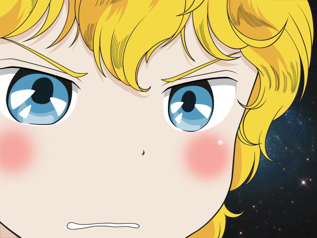 reinhard von lohengramm, ginga eiyuu densetsu, 1boy, blonde hair, blue eyes, blush, gununu (meme), male focus, meme, portrait, short hair, solo, space