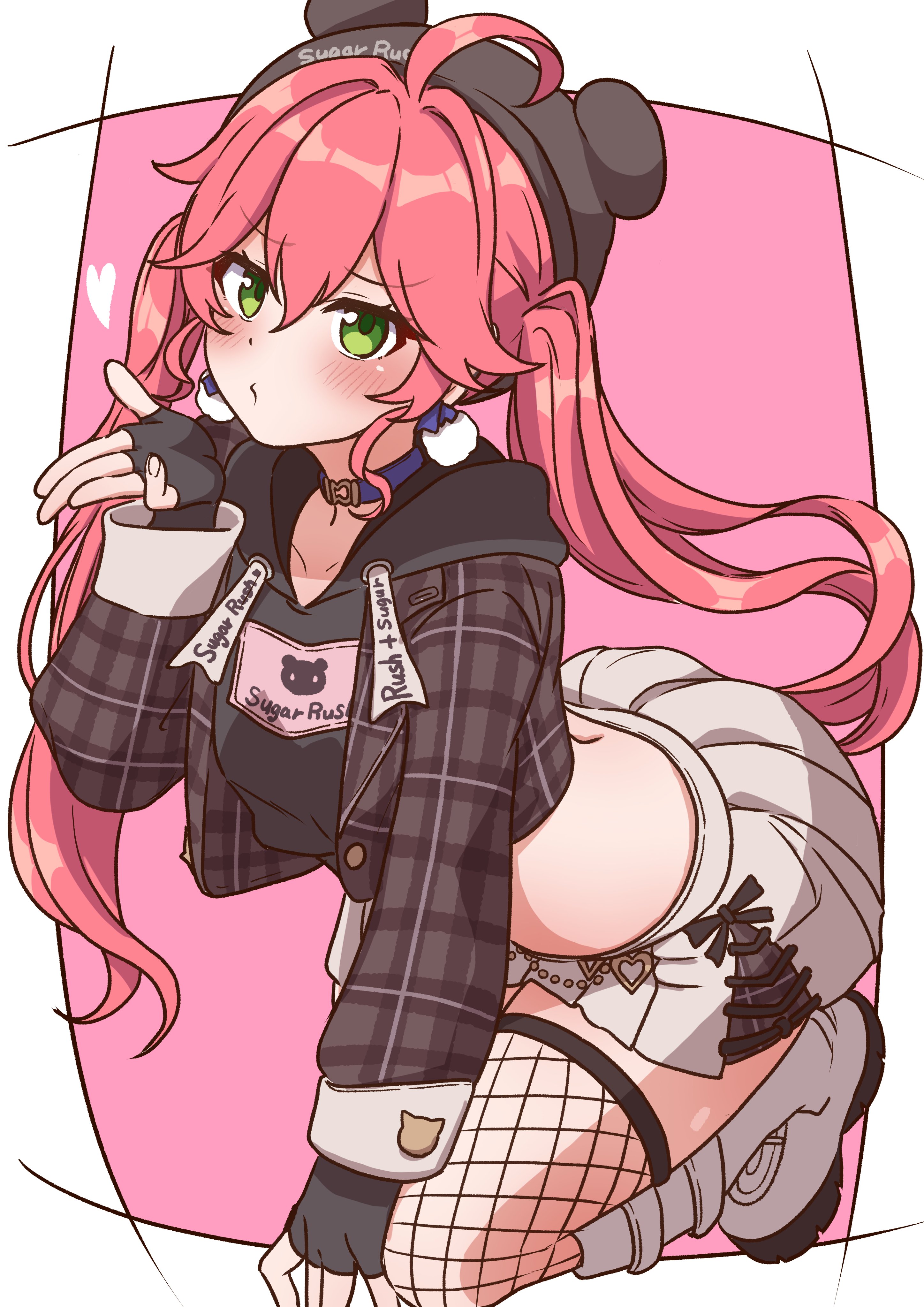 aka fuji, sakura miko, hololive, absurdres, commentary, hashtag-only commentary, highres, 1girl, ahoge, black gloves, black hat, black hoodie, blowing kiss, blue choker, blush, choker, earrings, fingerless gloves, fishnet thighhighs, fishnets, gloves, green eyes, hat, hood, hoodie, jewelry, long hair, long sleeves, looking at viewer, median furrow, pink background, pink hair, plaid clothes, plaid hoodie, pom pom (clothes), pom pom earrings, puckered lips, shoes, skirt, solo, thighhighs, thighs, twintails, virtual youtuber, white background, white shoes, white skirt