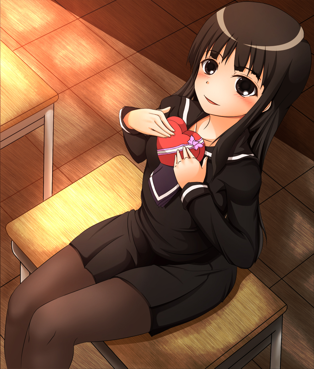 yottin, black eyes, blush, brown hair, candy, classroom, desk, food, legs, pantyhose, school, school desk, school uniform, sitting, solo, thighs, valentine