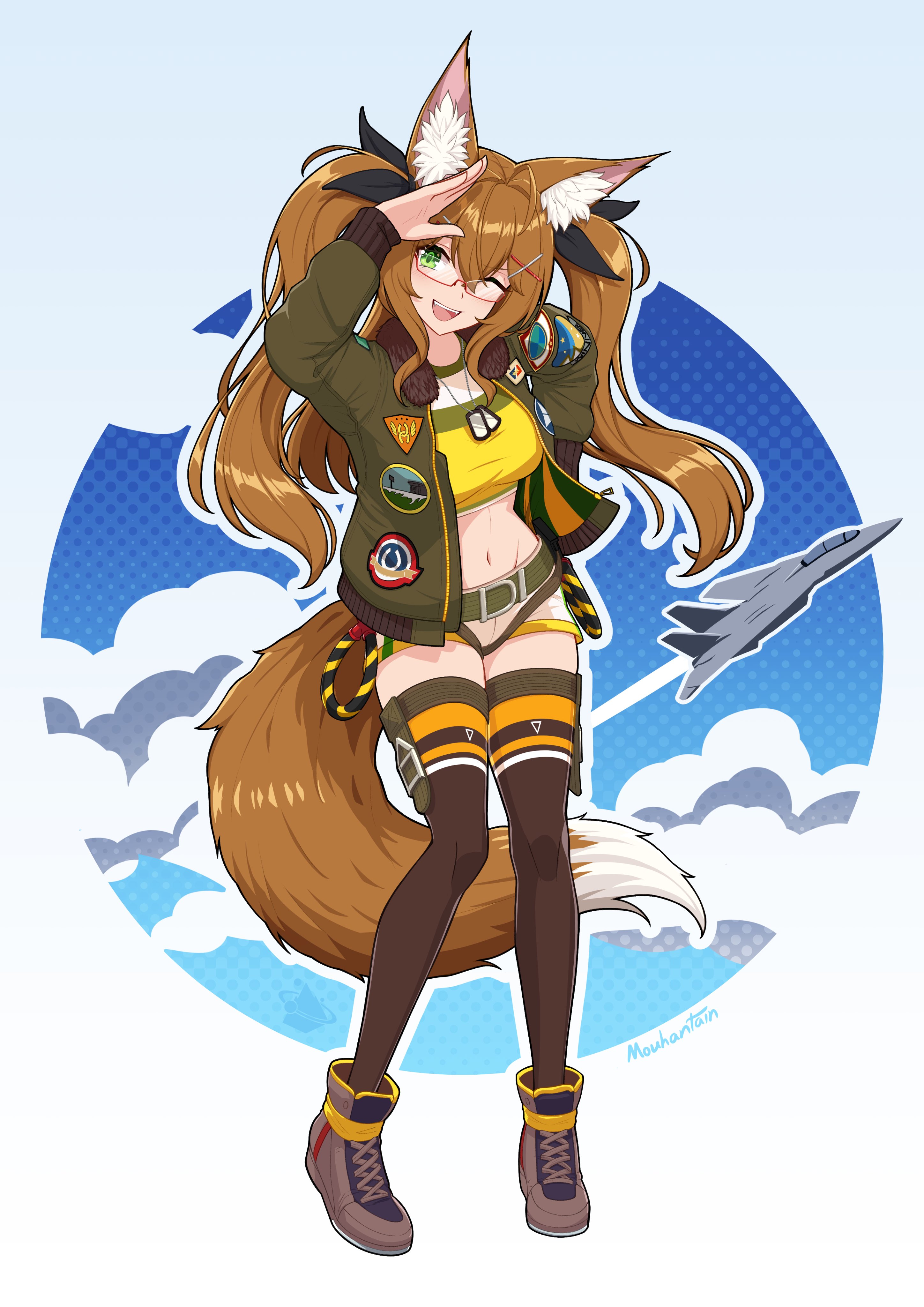 mouhantain, mayano top gun (scramble zone) (umamusume), mayano top gun (umamusume), original, umamusume, absurdres, highres, animal ears, belt, bomber jacket, bow, breasts, brown hair, brown ribbon, crop top, dog tags, ear bow, ear ribbon, fox ears, fox girl, fox tail, glasses, green belt, green eyes, green jacket, jacket, ribbon, shirt, shorts, tail, twintails, two side up, white shorts, yellow shirt