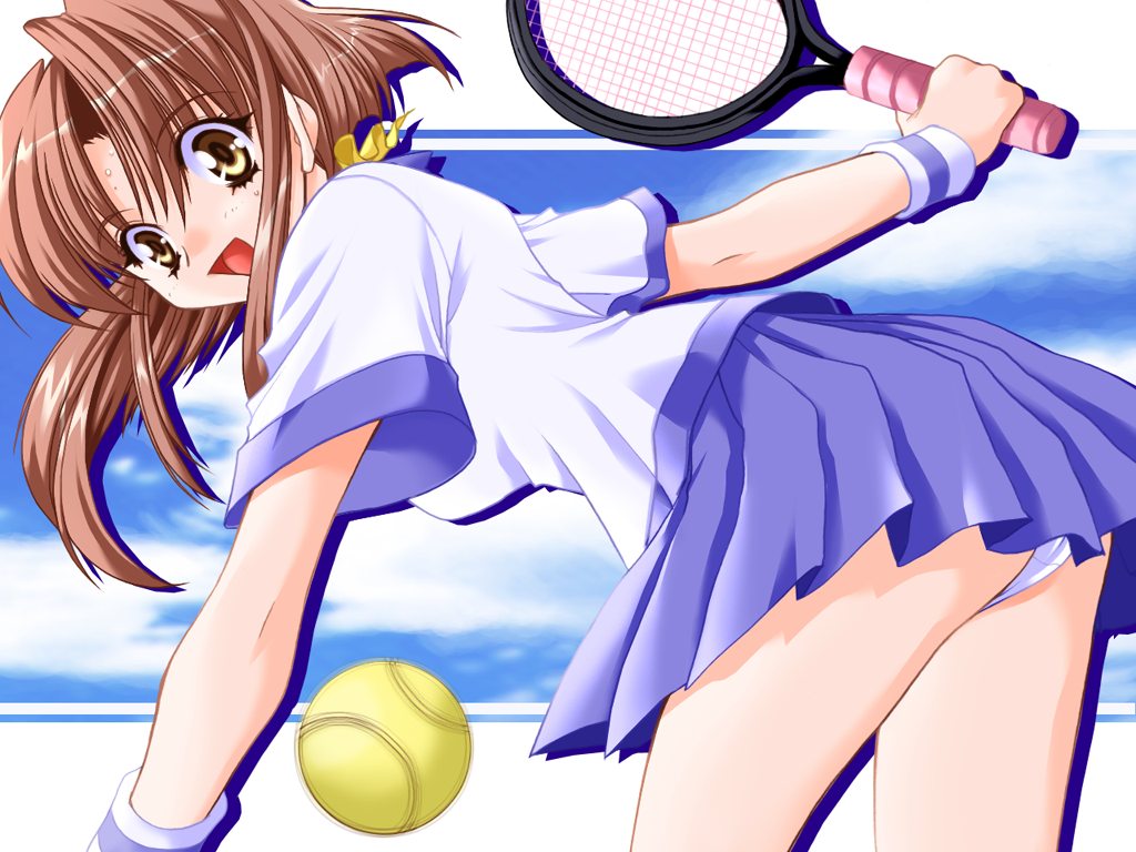 non-web source, ball, bent over, brown eyes, brown hair, long hair, panties, pantyshot, ponytail, racket, solo, sportswear, tennis ball, tennis racket, tennis uniform, underwear, wristband