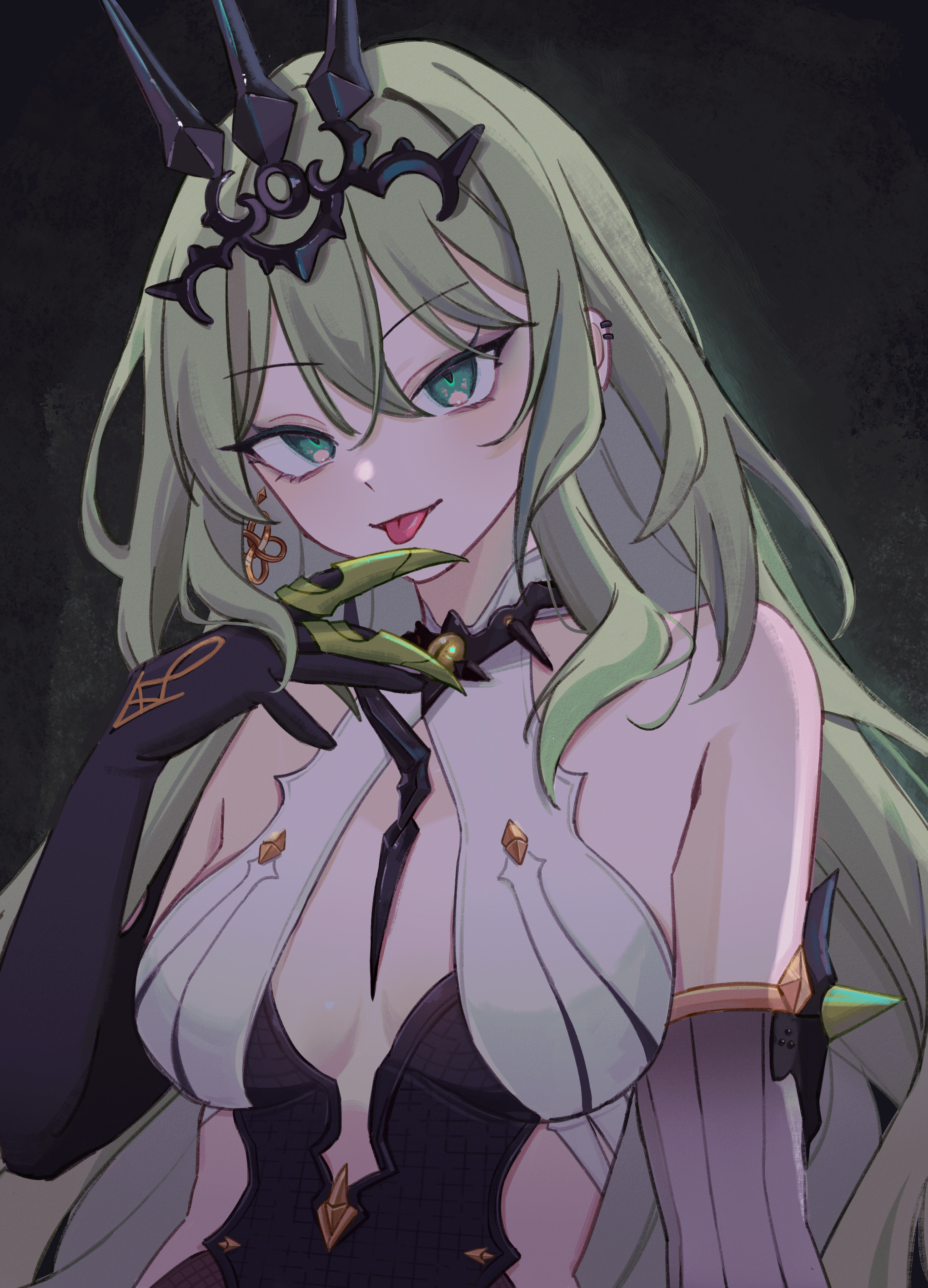 rena ( rrena), mobius (honkai impact), honkai (series), honkai impact 3rd, absurdres, commentary request, highres, 1girl, :p, bare shoulders, black gloves, breasts, claw ring, closed mouth, elbow gloves, gloves, green eyes, green hair, hair between eyes, headpiece, long hair, looking at viewer, medium breasts, smile, solo, tongue, tongue out, upper body, very long hair