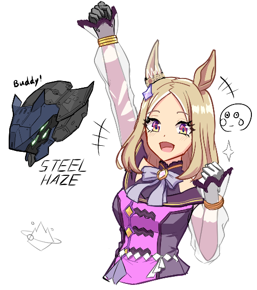 mouhantain, narita top road (the proud road) (umamusume), narita top road (umamusume), umamusume, umamusume: road to the top, 1girl, animal ears, asymmetrical gloves, bare shoulders, blonde hair, bow, bowtie, breasts, crown, dress, ear covers, ear ornament, ear through crown, gloves, grey bow, grey bowtie, horse ears, horse girl, long hair, long sleeves, looking at viewer, mini crown, mismatched gloves, necktie, open mouth, purple dress, purple eyes, racing, racing colors, short hair, single ear cover, smile, solo, white necktie