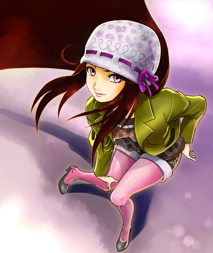 joe (artist), yanagi joe, hikari natsumi, kamen rider decade, kamen rider, kamen rider dcd, bad id, bad pixiv id, 1girl, beanie, blazer, fashion, female focus, foreshortening, hand on own hip, hat, high heels, hip focus, jacket, leaning forward, lips, long hair, pantyhose, pantyhose under shorts, pink eyes, pink pantyhose, purple eyes, red hair, shoes, shorts, solo, streetwear, wind