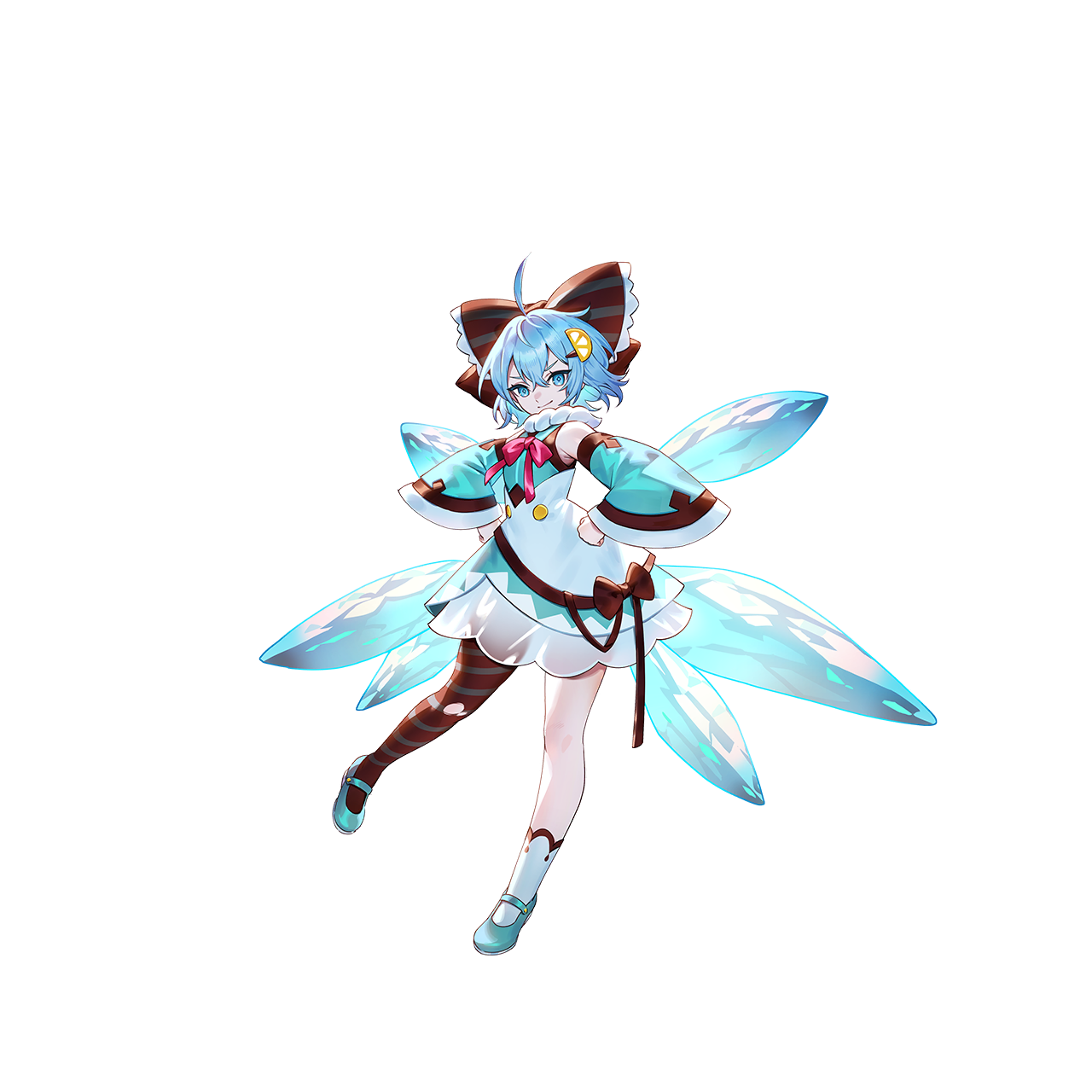 u u zan, cirno, touhou, touhou gensou eclipse, game cg, highres, non-web source, official art, second-party source, 1girl, ahoge, alternate costume, aqua dress, aqua shoes, asymmetrical legwear, blue eyes, blue hair, bow, bowtie, brown bow, closed mouth, detached sleeves, detached wings, dress, fairy wings, frilled bow, frills, full body, hair bow, hands on own hips, ice, ice wings, looking at viewer, mary janes, mismatched legwear, red bow, red bowtie, shoes, short hair, single leg pantyhose, smile, socks, solo, transparent background, uneven legwear, white socks, wings