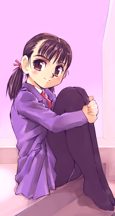 kamisimo 90, bad id, bad pixiv id, 1girl, blush, feet, female focus, hugging own legs, panties, panties under pantyhose, pantyhose, purple eyes, purple hair, school uniform, sitting, smile, solo, underwear