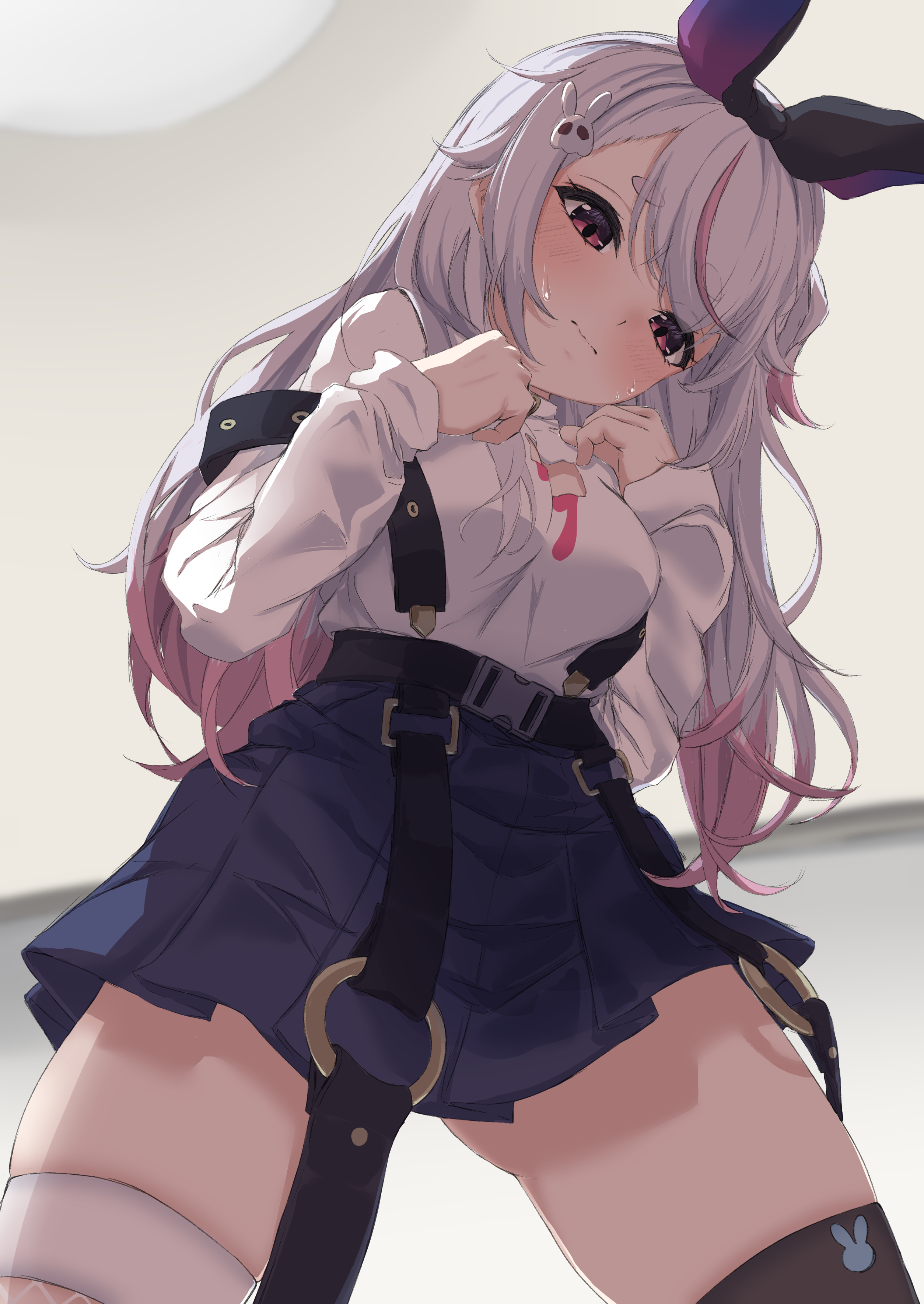 saria art, tosaki mimi, vspo!, absurdres, highres, 1girl, belt, black ribbon, blurry, blush, breasts, closed mouth, depth of field, hair ornament, hair ribbon, hairclip, heart, long hair, long sleeves, looking at viewer, medium breasts, pleated skirt, red eyes, ribbon, shirt, skirt, smile, solo, thighhighs, virtual youtuber, white shirt