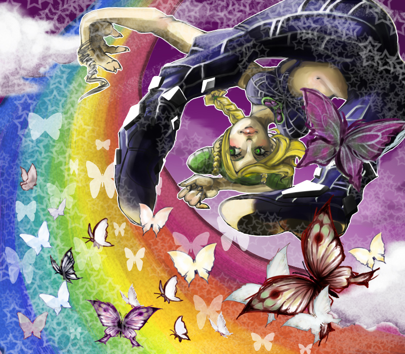saitoo (ruden), kuujou jolyne, jojo no kimyou na bouken, 1girl, blonde hair, bug, butterfly, double bun, female focus, green eyes, green hair, hair bun, insect, matching hair/eyes, midriff, multicolored hair, rainbow, rainbow path, solo, two-tone hair