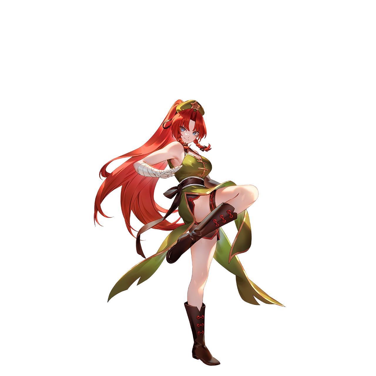 u u zan, hong meiling, touhou, touhou gensou eclipse, commentary request, game cg, highres, non-web source, official art, second-party source, 1girl, adapted costume, alternate hairstyle, bandaged hand, bandages, bike shorts, black boots, black bow, blue eyes, boots, bow, braid, breasts, cleavage, cleavage cutout, closed mouth, clothing cutout, dress, fighting stance, full body, green dress, hat, hat ornament, leg up, long hair, pelvic curtain, ponytail, red hair, side slit, sleeveless, sleeveless dress, smile, solo, star (symbol), star hat ornament, thigh strap, thighs, transparent background, twin braids, very long hair
