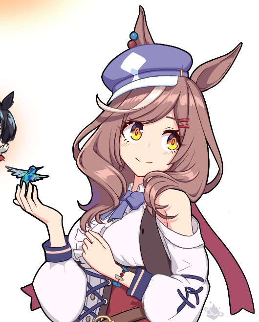 mouhantain, matikanetannhauser (panpaka tiltott) (umamusume), matikanetannhauser (umamusume), umamusume, 1girl, animal ears, belt bag, blue hat, blush, bow, breasts, brown hair, center frills, clothing cutout, corset, ear ornament, ears through headwear, frills, hair ornament, hairclip, hat, horse ears, horse girl, horse tail, medium breasts, medium hair, multicolored hair, newsboy cap, red corset, shoulder cutout, simple background, smile, solo, streaked hair, tail, tilted headwear, white background, yellow eyes