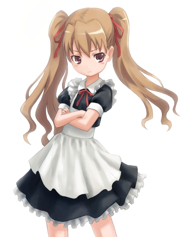 mzd421, aisaka taiga, toradora!, 00s, 1girl, alternate hairstyle, brown eyes, brown hair, crossed arms, dress, female focus, frills, frown, hair ribbon, long hair, maid, ribbon, simple background, solo, standing, twintails, white background