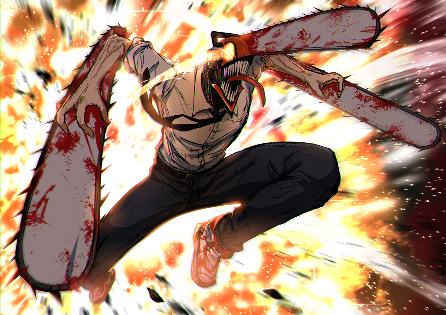 dtcy, denji (chainsaw man), chainsaw man, 1boy, alternate form, black necktie, black pants, blood, collared shirt, explosion, explosion background, eye trail, light trail, male focus, necktie, open mouth, pants, sharp teeth, shirt, sleeves rolled up, solo, teeth, tongue, tongue out, white shirt