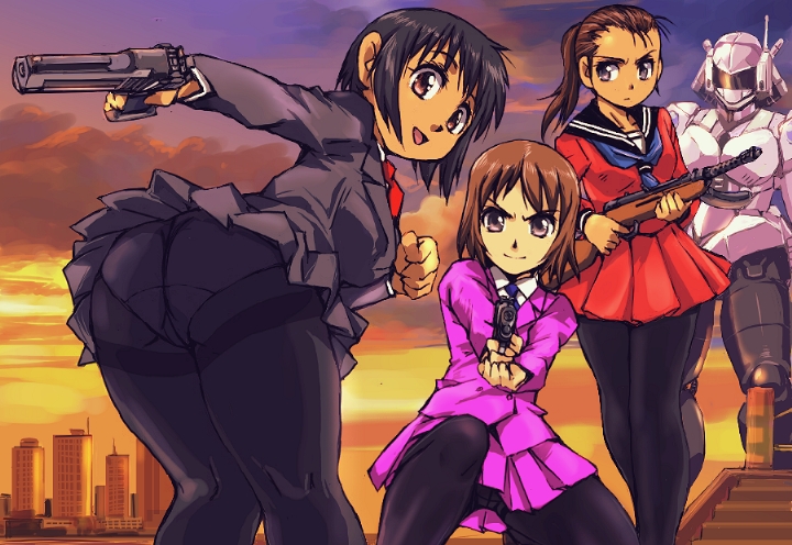 kamisimo 90, 3girls, angry, ass, black hair, brown eyes, brown hair, crotch seam, desert eagle, gun, handgun, multiple girls, panties, panties under pantyhose, pantyhose, pantyshot, pistol, purple eyes, school uniform, thighband pantyhose, tongue, underwear, upskirt, weapon
