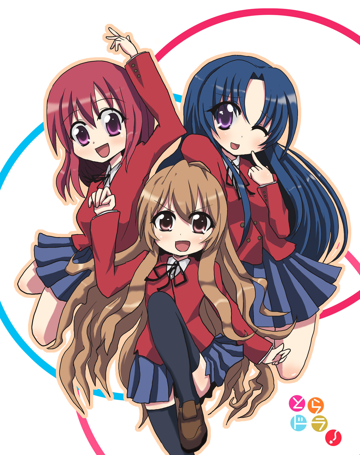 kurasaki shin'ya, kurasaki shinya, aisaka taiga, kawashima ami, kushieda minori, toradora!, black legwear, highres, 00s, 3girls, blue hair, brown eyes, brown hair, long hair, multiple girls, one eye closed, purple eyes, red eyes, red hair, school uniform, short hair, thighhighs, wink