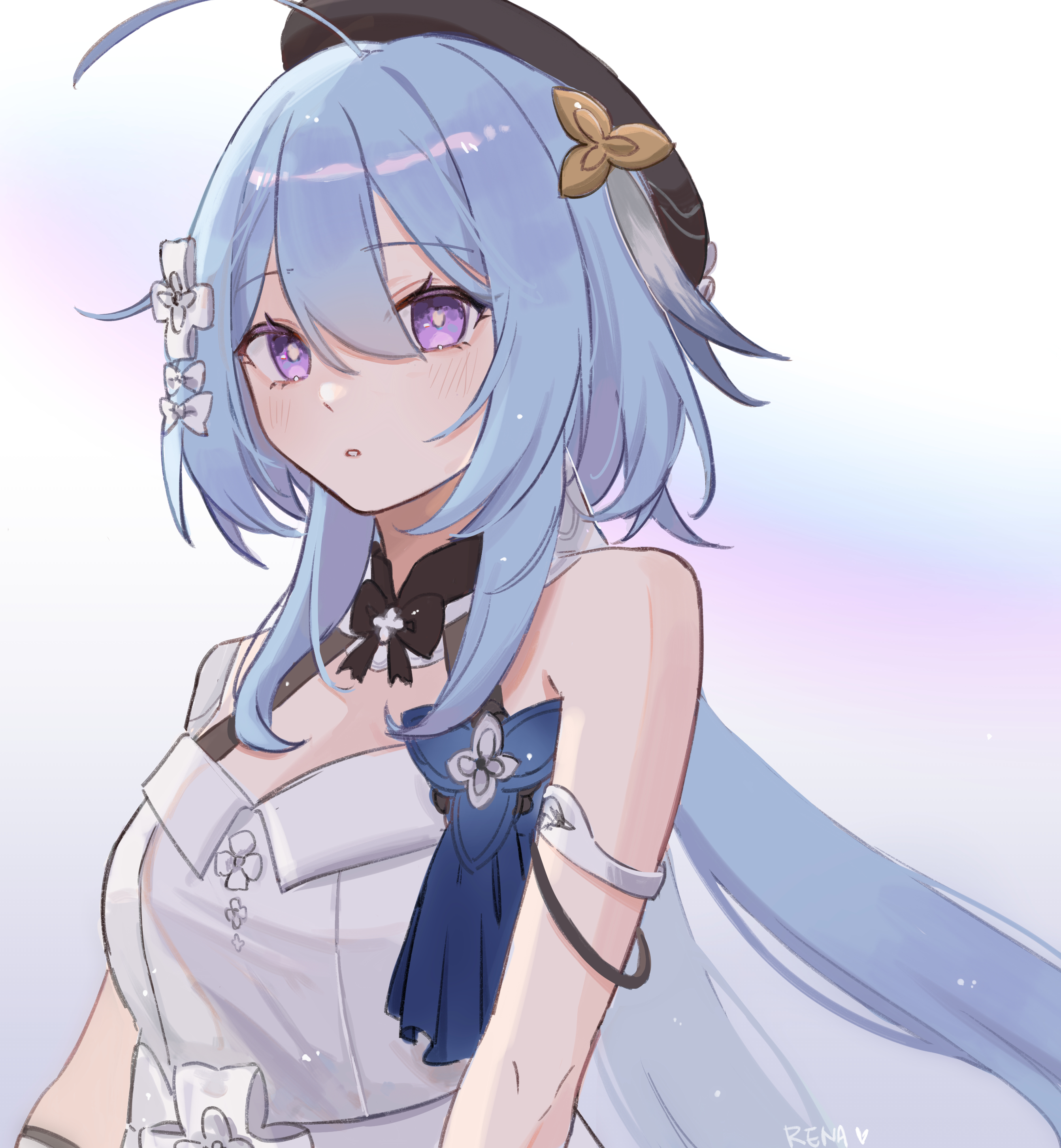 rena ( rrena), griseo, griseo (starry impression), honkai (series), honkai impact 3rd, absurdres, commentary request, highres, revision, 1girl, ahoge, bare shoulders, beret, black hat, blue hair, breasts, cleavage, dress, hair ornament, hat, long hair, open mouth, purple eyes, simple background, solo, twintails, upper body, very long hair, white background, white dress