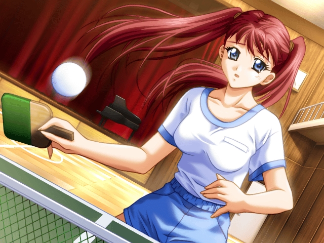 oota takeshi, love love navigation, game cg, non-web source, 1girl, ball, blue eyes, dutch angle, female focus, gym uniform, long hair, motion blur, paddle, red hair, solo, table tennis, table tennis paddle, twintails