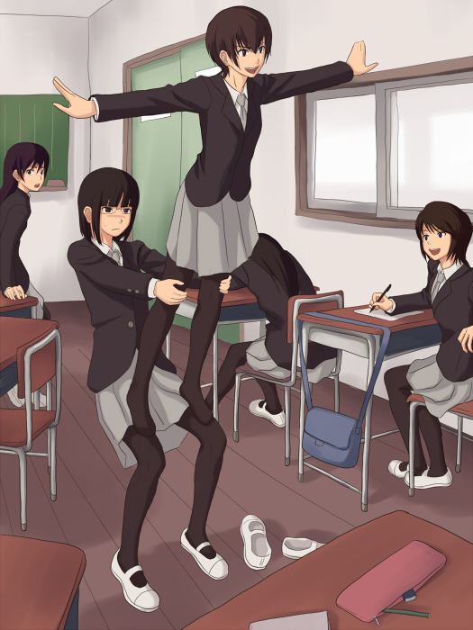 maasan, bad id, bad pixiv id, 5girls, chalkboard, classroom, desk, feet, glasses, indoors, multiple girls, pantyhose, school, school desk, school uniform, shoes, uwabaki