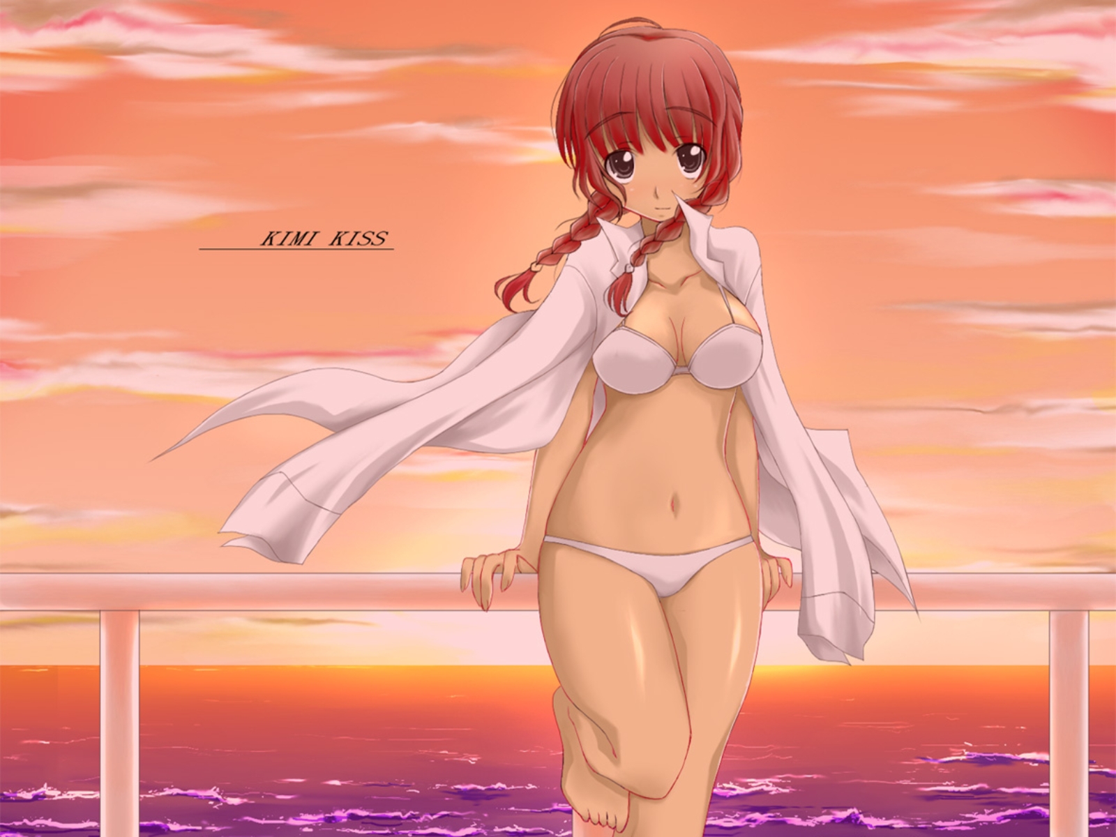 mizusawa mao, kimi kiss, highres, barefoot, beach, bikini, braid, brown eyes, brown hair, long hair, open clothes, open shirt, shirt, solo, sunset, swimsuit, twin braids, white bikini