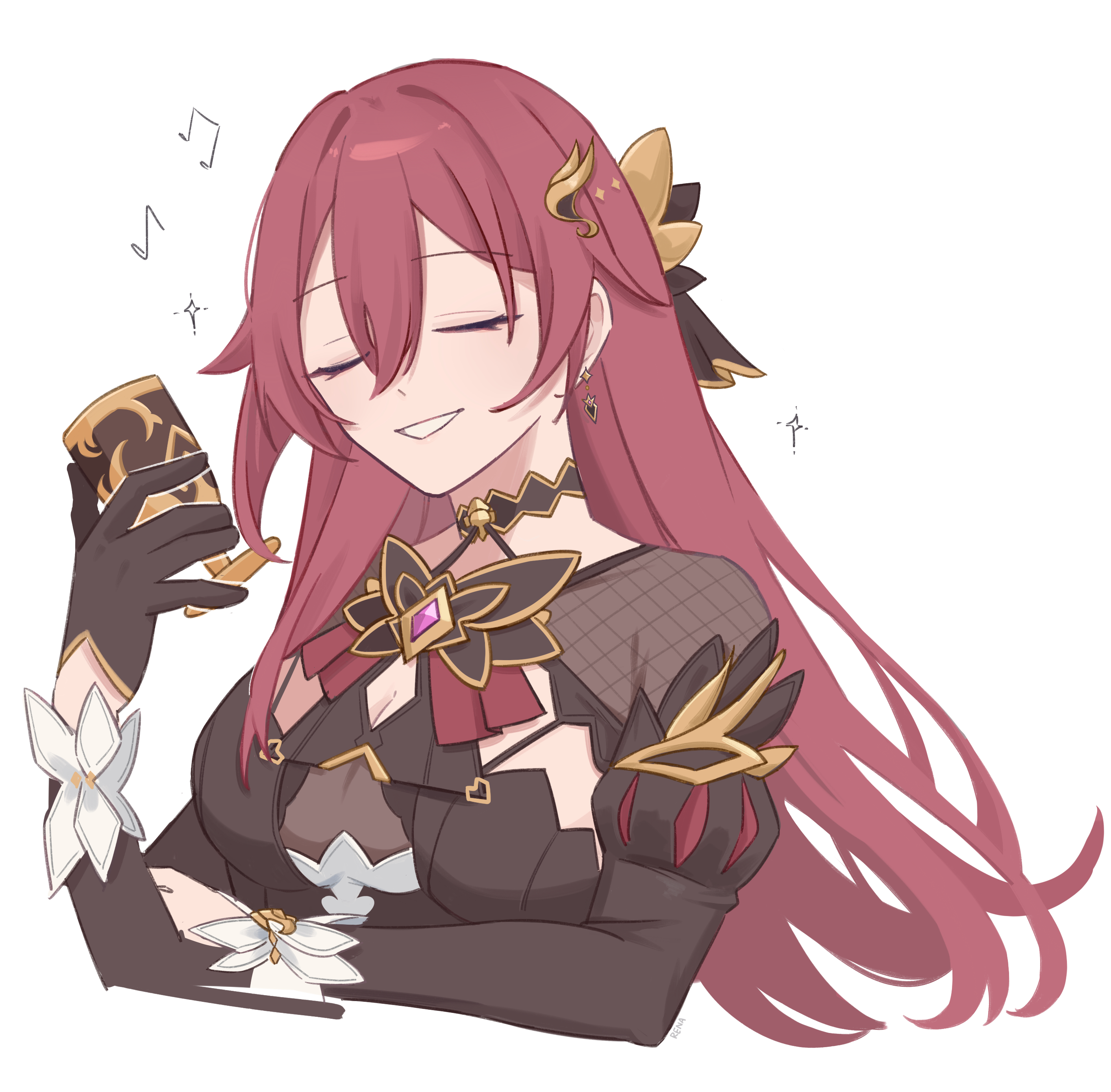 rena ( rrena), eden (honkai impact), honkai (series), honkai impact 3rd, absurdres, commentary request, highres, 1girl, black dress, black gloves, breasts, brown hair, cleavage cutout, clothing cutout, cropped torso, cup, dress, earrings, gloves, holding, holding cup, jewelry, large breasts, long hair, musical note, simple background, smile, solo, very long hair, white background