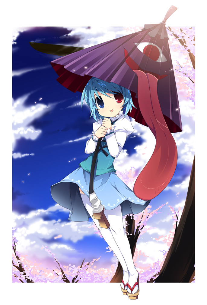 rfa, rfua, tatara kogasa, touhou, 1girl, :p, blue eyes, blue hair, cherry blossoms, cloud, female focus, geta, heterochromia, karakasa obake, matching hair/eyes, nature, oil-paper umbrella, outdoors, red eyes, sandals, sky, solo, thighhighs, tongue, tongue out, tree, umbrella, white thighhighs