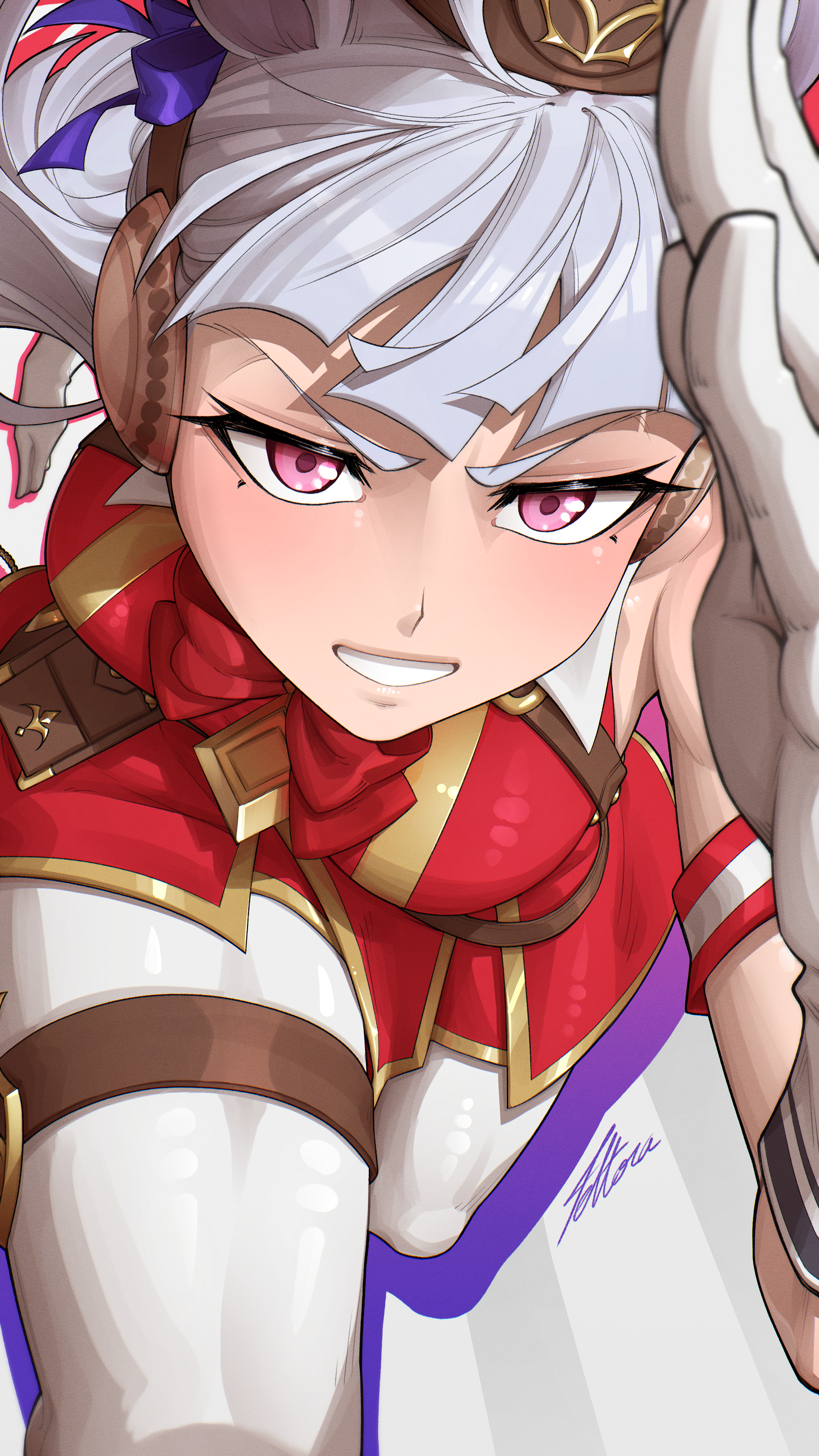 tettora, gold ship (red strife) (umamusume), gold ship (umamusume), umamusume, absurdres, highres, 1girl, animal ears, armband, belt pouch, blunt bangs, bow, bowtie, breasts, brown hat, dress, ear bow, gloves, grey hair, grin, hat, horse ears, horse girl, large breasts, leggings, long hair, open mouth, pantyhose, pillbox hat, pouch, purple eyes, red armband, red bow, red bowtie, red dress, running, sleeveless, sleeveless dress, smile, solo, striped armband, striped clothes, thigh strap, thighs, white armband, white gloves, white leggings, white pantyhose