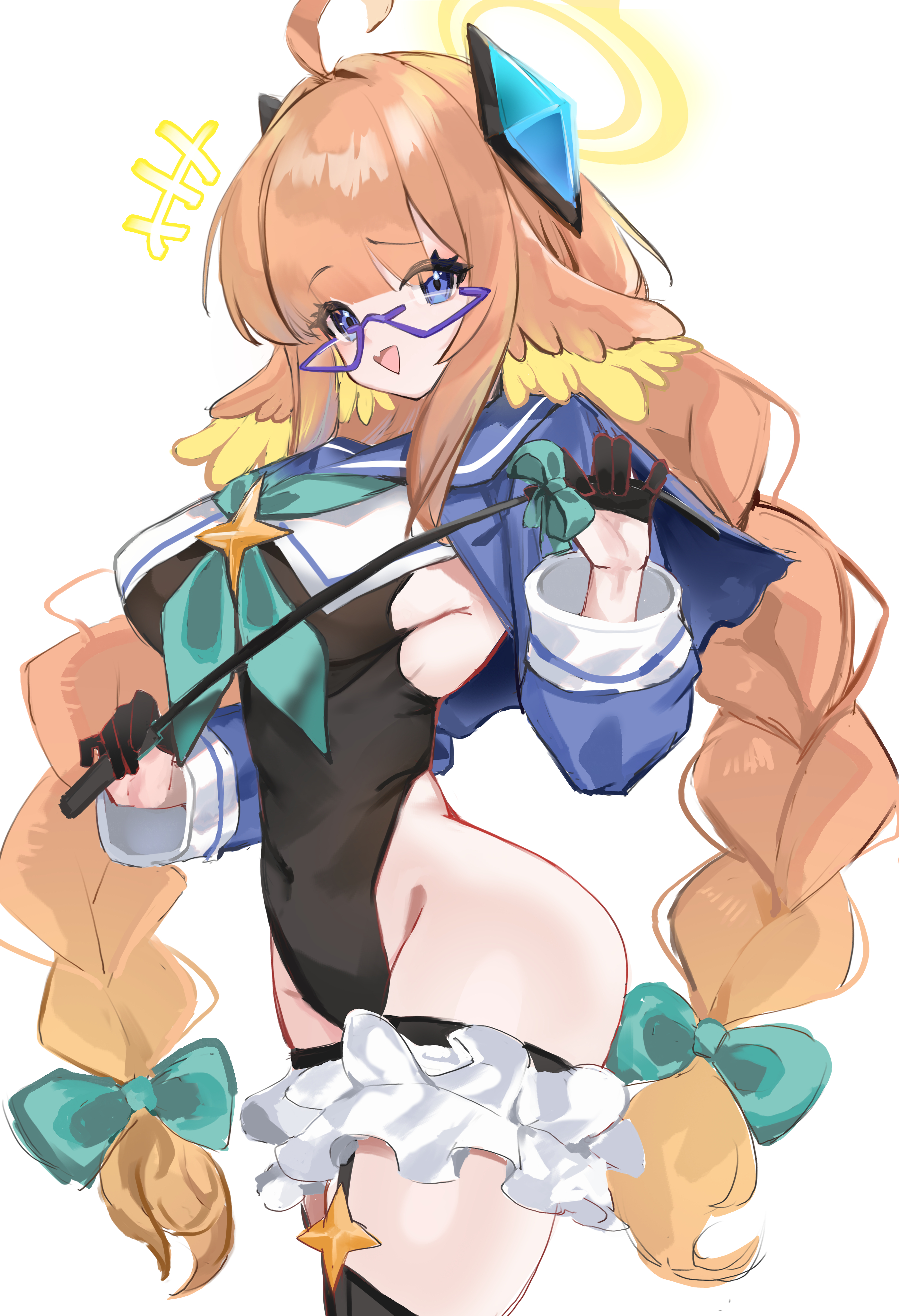 luoluo233, shimiko (blue archive), blue archive, braided twintails, absurdres, highres, 1girl, ass, black gloves, black leotard, blue shrug, bow, braid, covered navel, fang, feather hair, frills, glasses, gloves, hair bow, hair ornament, half gloves, halo, highleg, highleg leotard, holding, holding riding crop, leotard, long hair, looking at viewer, low twin braids, neckerchief, official alternate costume, orange hair, pink neckerchief, riding crop, shimiko (magical) (blue archive), shrug (clothing), skin fang, smile, solo, triangle mouth, twin braids, white background, yellow halo