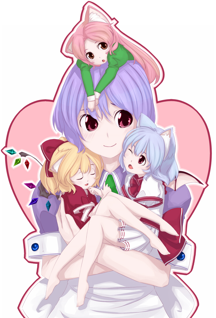 gustav (telomere na), flandre scarlet, hong meiling, izayoi sakuya, remilia scarlet, touhou, 4girls, animal ears, barefoot, cat ears, cat girl, closed eyes, feet, female focus, kemonomimi mode, mini person, minigirl, multiple girls, one eye closed, red eyes, yellow eyes