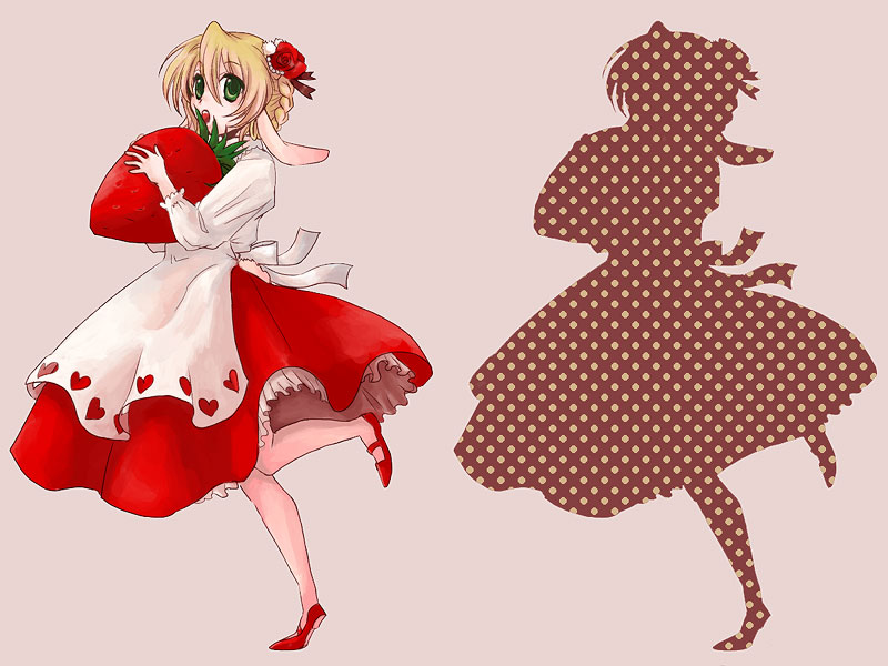 161, kuuya amrulineulka, utawarerumono, bad id, bad pixiv id, 00s, 1girl, animal ears, blonde hair, dress, female focus, flower, food, fruit, rabbit ears, rose, solo, strawberry