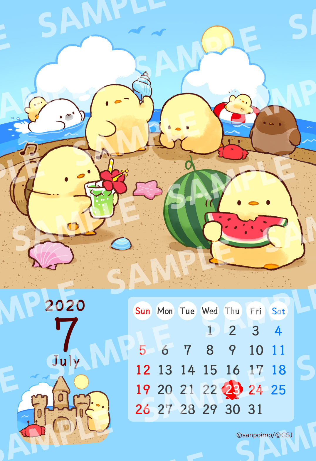 mofupiyo, original, commentary request, highres, 2020, animal focus, artist name, baby animal, beach, bird, blue sky, brown hat, building sand sculpture, calendar (medium), chick, cloud, conch, copyright notice, crab, cup, drink, drinking glass, drinking straw, eating, flower, food, fruit, hat, hat on back, hibiscus, holding, holding drink, holding food, holding fruit, holding shell, innertube, listening, musical note, no humans, ocean, one eye closed, red flower, sample watermark, sand sculpture, seal (animal), shadow, shell, sky, soda, straw hat, sun, swim ring, tan, watermark, watermark grid, watermelon, watermelon slice
