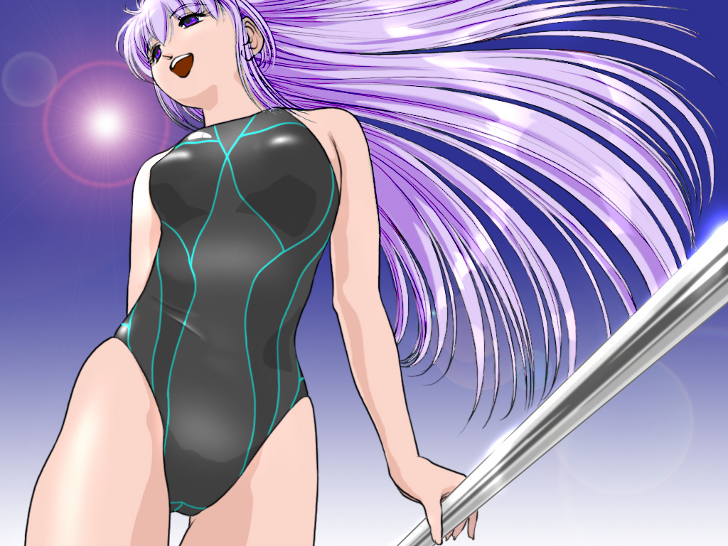 ikuta kaoru, bad id, bad pixiv id, bar (place), competition swimsuit, long hair, one-piece swimsuit, pole, purple eyes, purple hair, solo, swimsuit