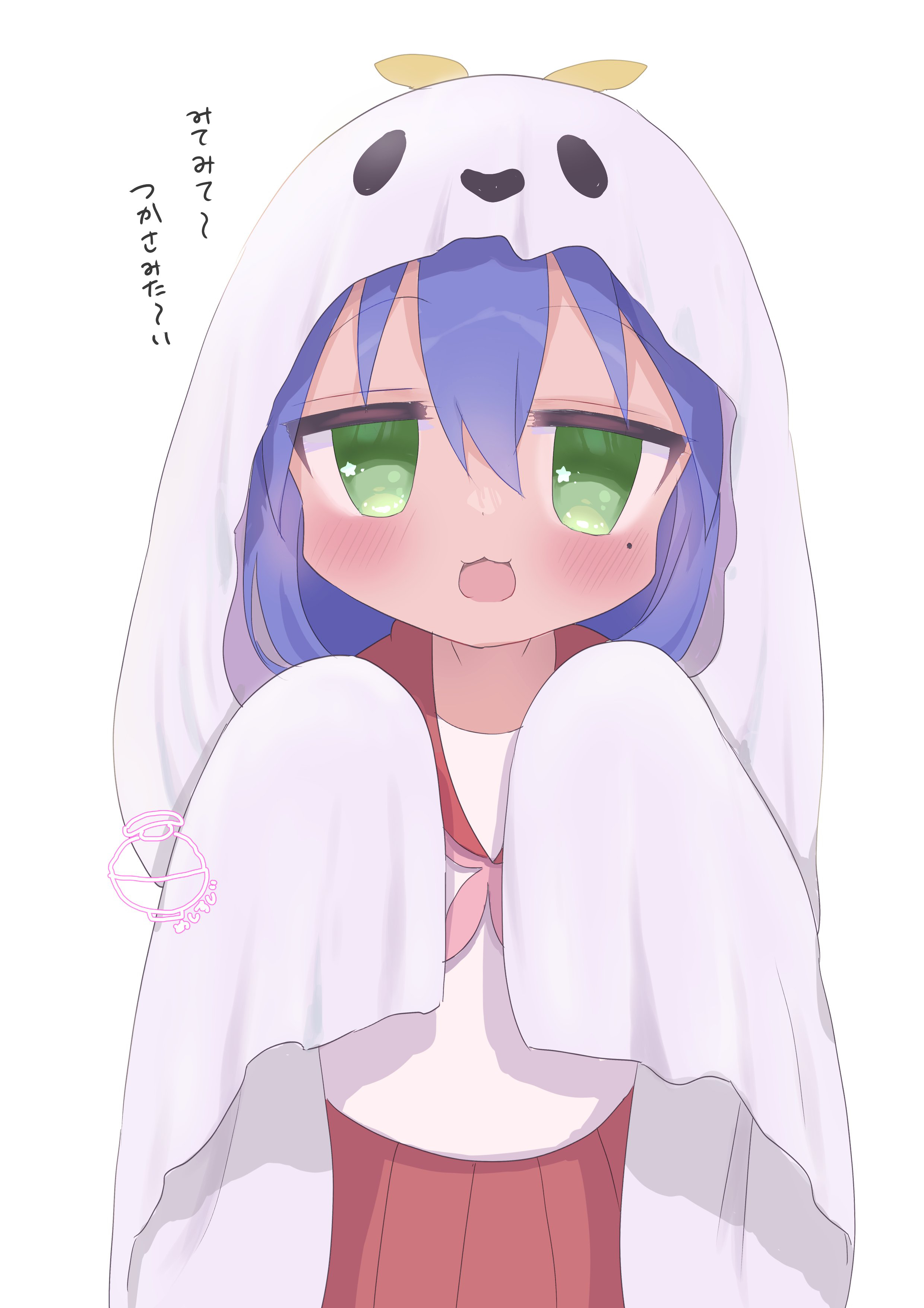 izumi konata, kyoto animation, lucky star, absurdres, highres, blue hair, blush, ghost, green eyes, halloween, halloween costume, long hair, long sleeves, meshisushi, school uniform, serafuku, skirt
