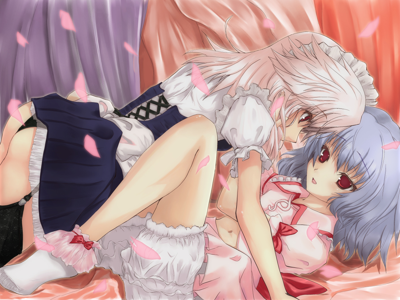 kuku px, izayoi sakuya, remilia scarlet, touhou, silver hair, 2girls, apron, ass, black panties, bloomers, blue hair, couple, eye contact, female focus, garter straps, hand on another's face, looking at another, lying, maid, maid apron, maid headdress, multiple girls, navel, on back, open mouth, panties, puffy short sleeves, puffy sleeves, red eyes, saliva, saliva trail, short hair, short sleeves, socks, underwear, yuri