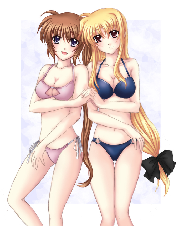 misuzu (iridescence), fate testarossa, takamachi nanoha, lyrical nanoha, mahou shoujo lyrical nanoha, mahou shoujo lyrical nanoha strikers, bad id, bad pixiv id, 00s, 2girls, bikini, blonde hair, blue eyes, bow, breasts, brown hair, cleavage, hair bow, holding hands, long hair, low-tied long hair, multiple girls, ponytail, purple eyes, red eyes, side-tie bikini bottom, side ponytail, smile, swimsuit, thigh gap, thighs, very long hair