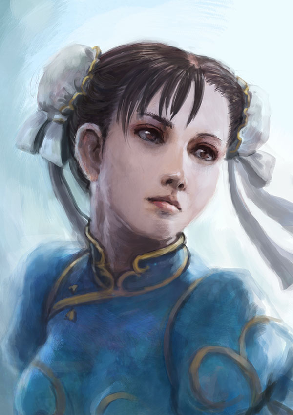 hamoto, chun-li, capcom, street fighter, brown eyes, brown hair, bun cover, double bun, realistic, short hair, solo