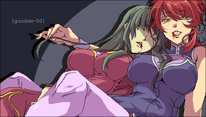 mosse, mossu, nena trinity, wang liu mei, gundam, gundam 00, bad id, bad pixiv id, 00s, 2girls, blood, breasts, covered erect nipples, freckles, huge breasts, large breasts, multiple girls, naughty face, oekaki, red hair, thighhighs
