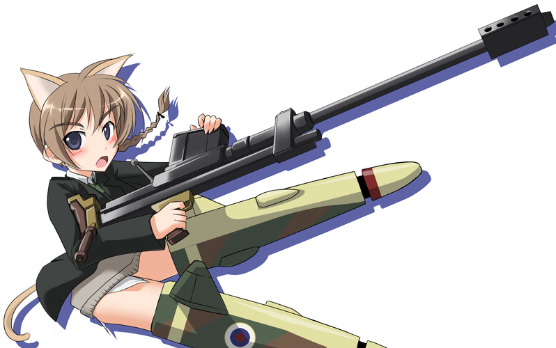 lynette bishop, strike witches, world witches series, bad id, bad pixiv id, 00s, 1girl, animal ears, anti-materiel rifle, blue eyes, blush, braid, brown hair, female focus, gun, rifle, single braid, sniper rifle, solo, striker unit, tail, weapon