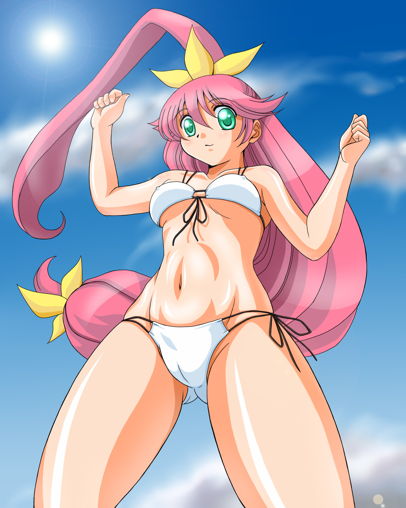 buzzsaw (basso), priscilla (gunxsword), gunxsword, bad id, bad pixiv id, highres, 1girl, bikini, breasts, cameltoe, covered erect nipples, day, female focus, from below, green eyes, long hair, pink hair, ponytail, small breasts, solo, swimsuit, white bikini