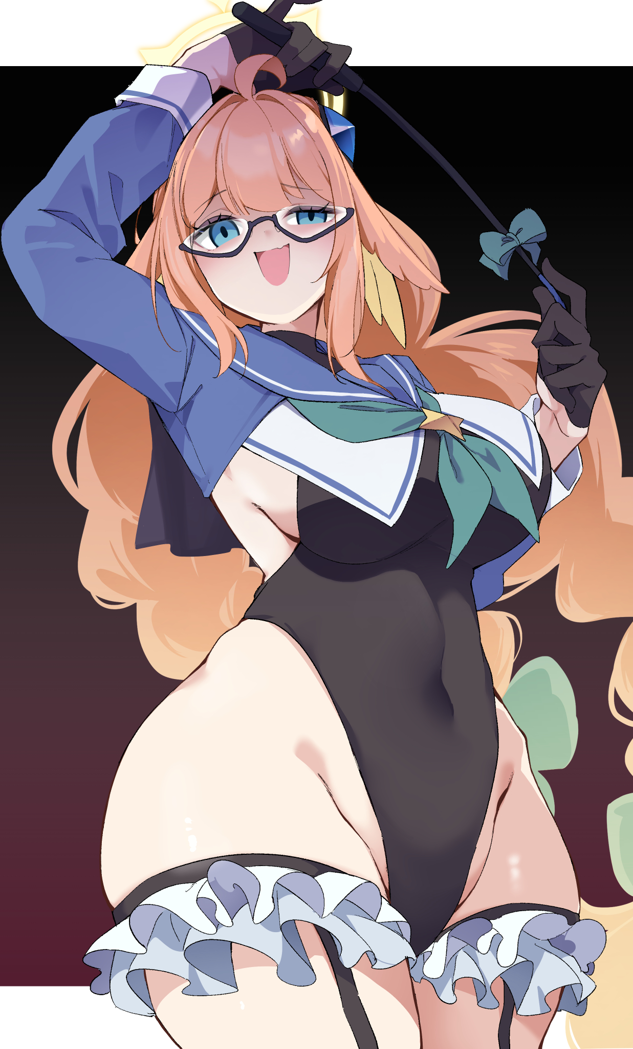 kanmuri (kannmuri0227), shimiko (blue archive), blue archive, braided twintails, highres, ahoge, arm up, black gloves, black leotard, blue shrug, braid, feather hair, frills, glasses, gloves, half gloves, halo, highleg, highleg leotard, holding, holding riding crop, leotard, long hair, looking at viewer, low twin braids, official alternate costume, orange hair, riding crop, shimiko (magical) (blue archive), shrug (clothing), smile, twin braids, wide hips, yellow halo