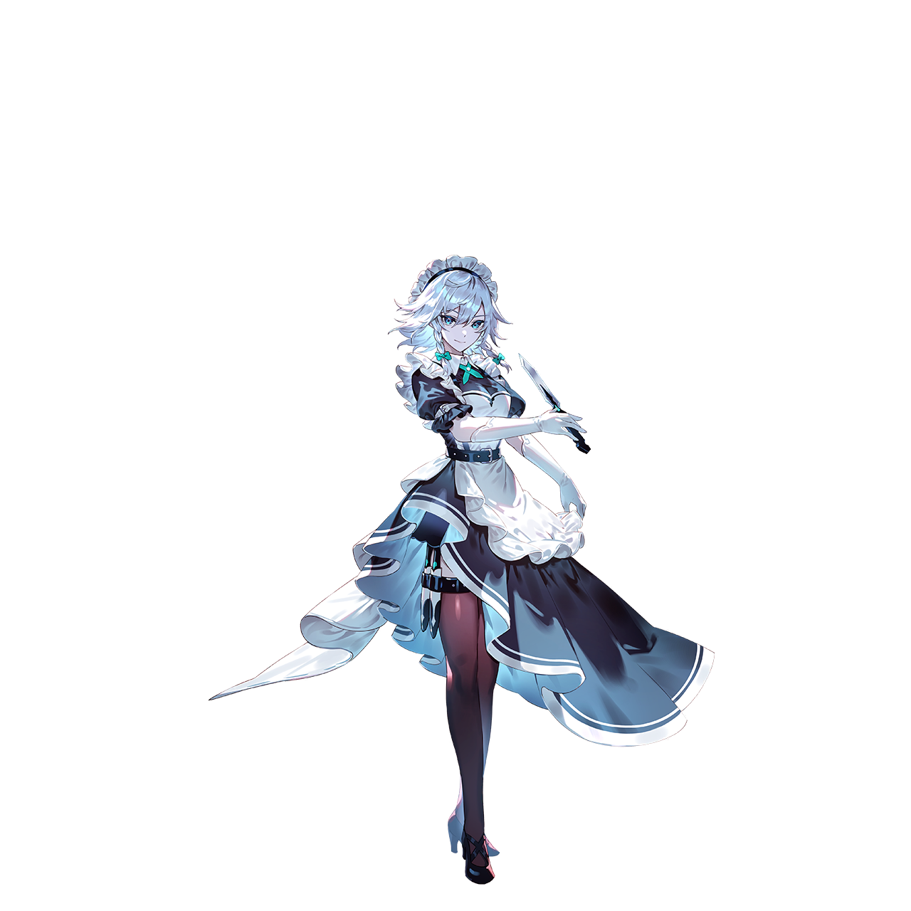 u u zan, izayoi sakuya, touhou, touhou gensou eclipse, game cg, highres, non-web source, official art, second-party source, 1girl, apron, black dress, black shoes, blue eyes, bow, braid, brown thighhighs, closed mouth, dress, embellished costume, frilled apron, frilled sleeves, frills, full body, gloves, green bow, grey hair, hair between eyes, hair bow, high-low dress, high heels, holding, holding knife, knife, knife sheath, maid, maid apron, maid headdress, puffy short sleeves, puffy sleeves, sheath, sheathed, shoes, short hair, short sleeves, smile, solo, thigh strap, thighhighs, transparent background, twin braids, weapon in garters, white apron, white gloves