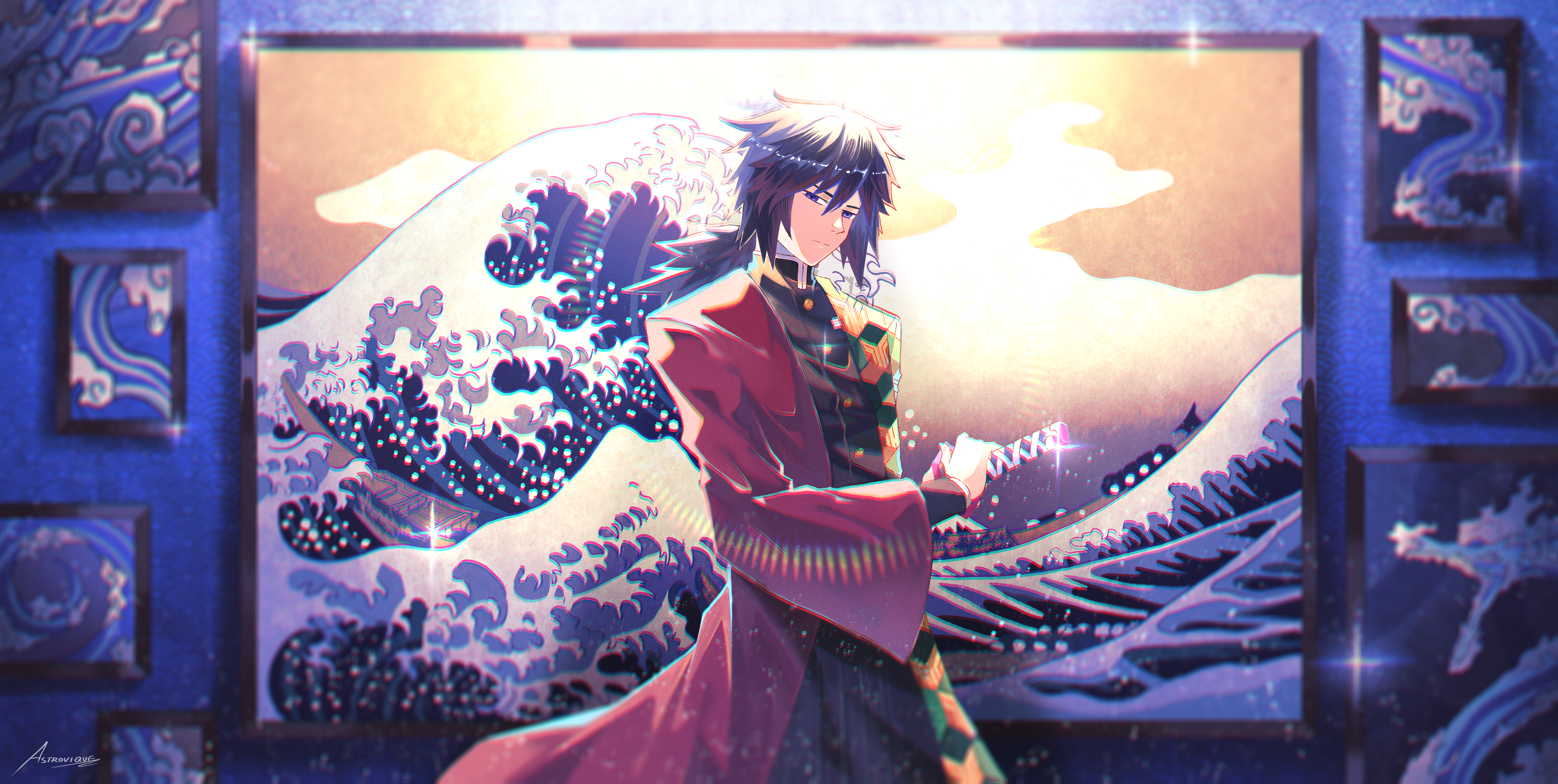 astrovique, tomioka giyuu, kimetsu no yaiba, absurdres, highres, 1boy, belt, black hair, black jacket, black pants, blue eyes, closed mouth, cowboy shot, demon slayer uniform, hair between eyes, half-closed eyes, haori, high collar, holding, holding sword, holding weapon, jacket, japanese clothes, katana, kikkoumon, looking at viewer, low ponytail, male focus, painting (object), pants, ponytail, print haori, red haori, solo, spiked hair, standing, sword, weapon, white belt