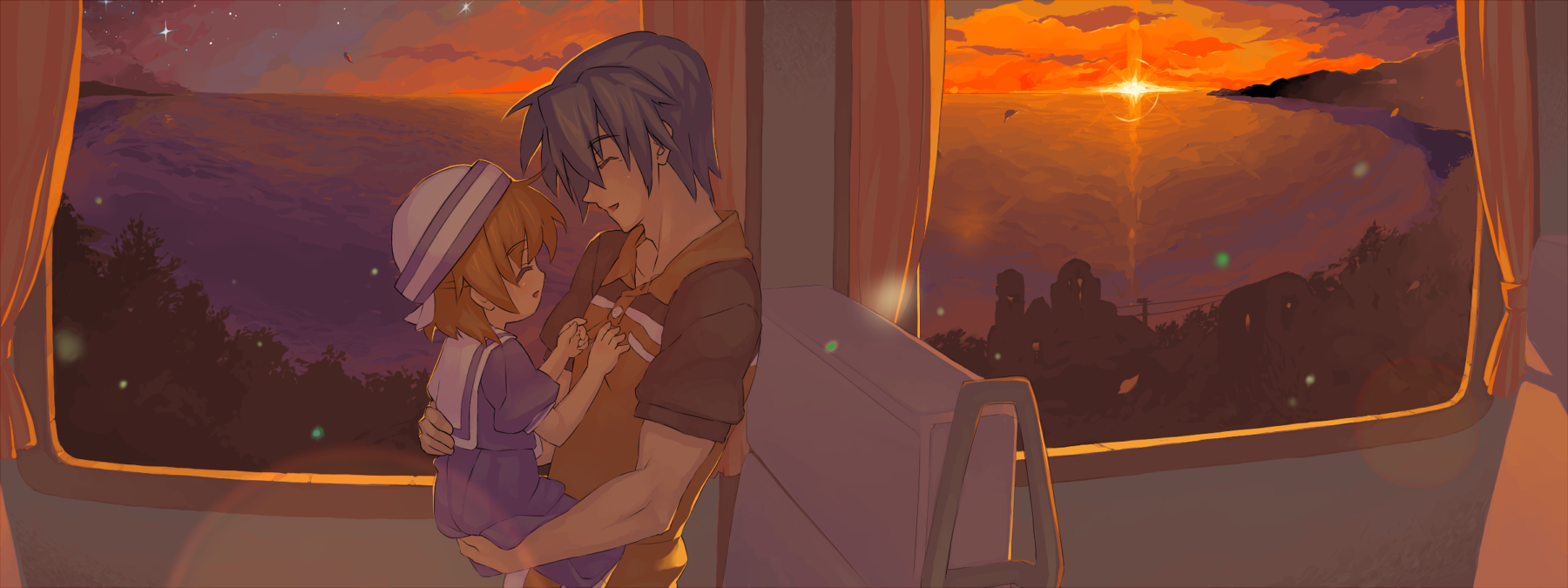 itsukia, okazaki tomoya, okazaki ushio, clannad, bad id, bad pixiv id, highres, long image, wide image, 00s, age difference, carrying, child carry, father and daughter, smile, sunset
