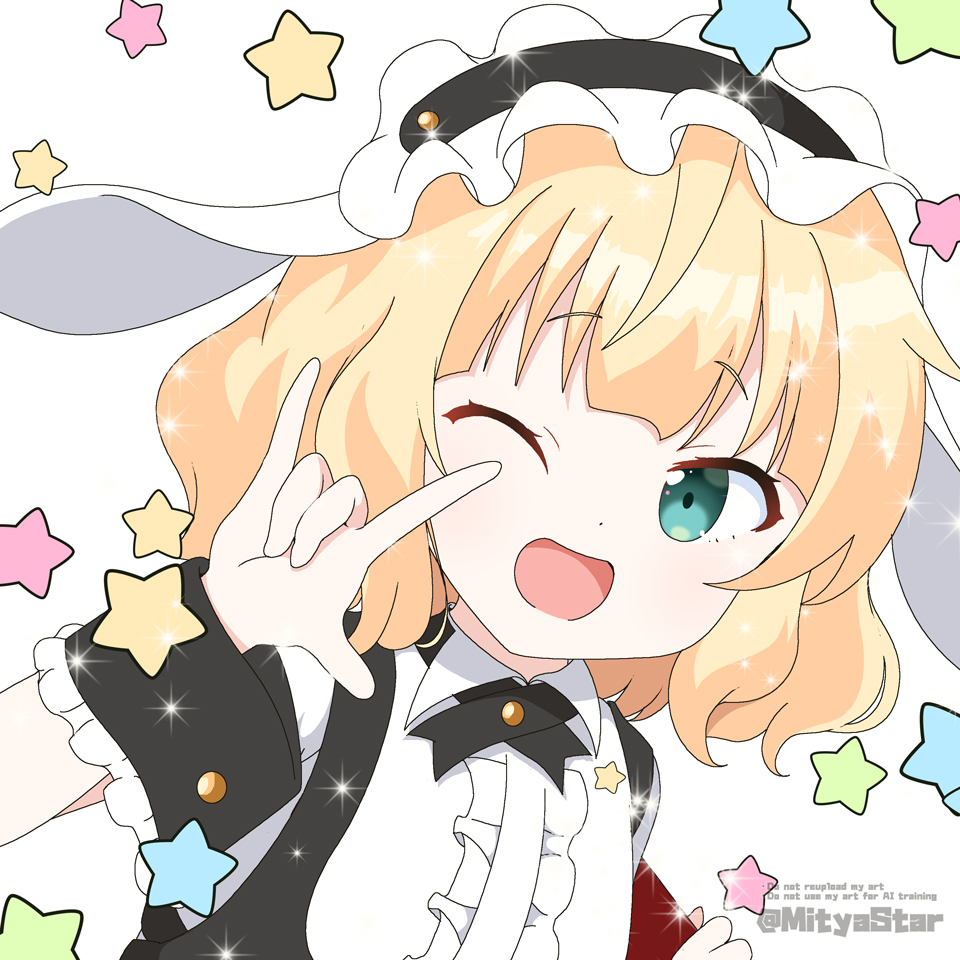 mitya, kirima syaro, gochuumon wa usagi desu ka?, commentary, 1girl, ;d, animal ears, black hairband, blonde hair, center frills, collared shirt, employee uniform, fake animal ears, fleur de lapin uniform, floppy ears, frilled hairband, frills, green eyes, hairband, one eye closed, open mouth, puffy short sleeves, puffy sleeves, rabbit ears, shirt, short sleeves, smile, solo, twitter username, upper body, waitress, white background, white shirt, wrist cuffs