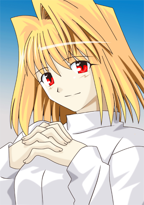 arcueid brunestud, tsukihime, derivative work, 00s, 1girl, blonde hair, female focus, hair intakes, red eyes, single hair intake, solo, sweater, yuu rai
