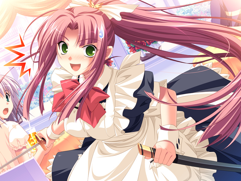 saeki hokuto, rokushiki ouka, gouen no soleil, game cg, non-web source, 2girls, ^^^, combat maid, dutch angle, green eyes, long hair, maid, multiple girls, pink hair, ponytail, solo focus, sweatdrop, sword, weapon