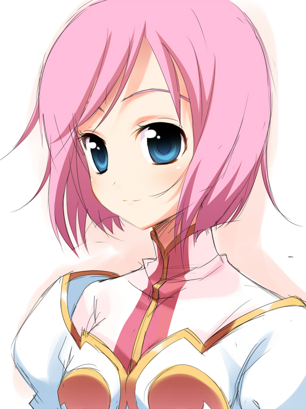 meito (maze), estellise sidos heurassein, tales of (series), tales of vesperia, 00s, 1girl, blue eyes, bob cut, female focus, full body, pink hair, short hair, simple background, solo, white background