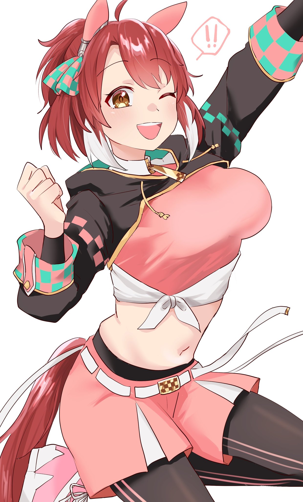 nitsutomeo shinobu, dantsu flame (umamusume), umamusume, commentary request, highres, !, !!, …, 1girl, animal ears, arm up, belt, black leggings, black shrug, blush, breasts, brown eyes, brown hair, brown tail, dantsu flame (center spotlight) (umamusume), ear covers, hood, hood down, hooded shrug, horse ears, horse girl, horse tail, large breasts, leggings, long sleeves, looking at viewer, midriff, navel, one eye closed, open mouth, pink shirt, pink shorts, shirt, shorts, shrug (clothing), simple background, smile, solo, spoken ellipsis, tail, teeth, upper teeth only, white background, white belt